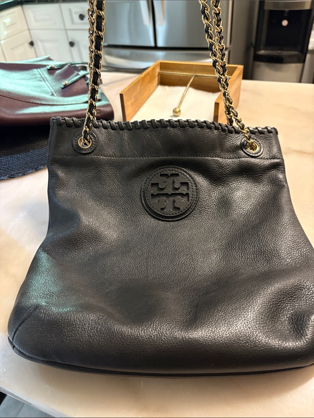 Authentic Tory Burch Black Leather Chain-Shoulder Tote